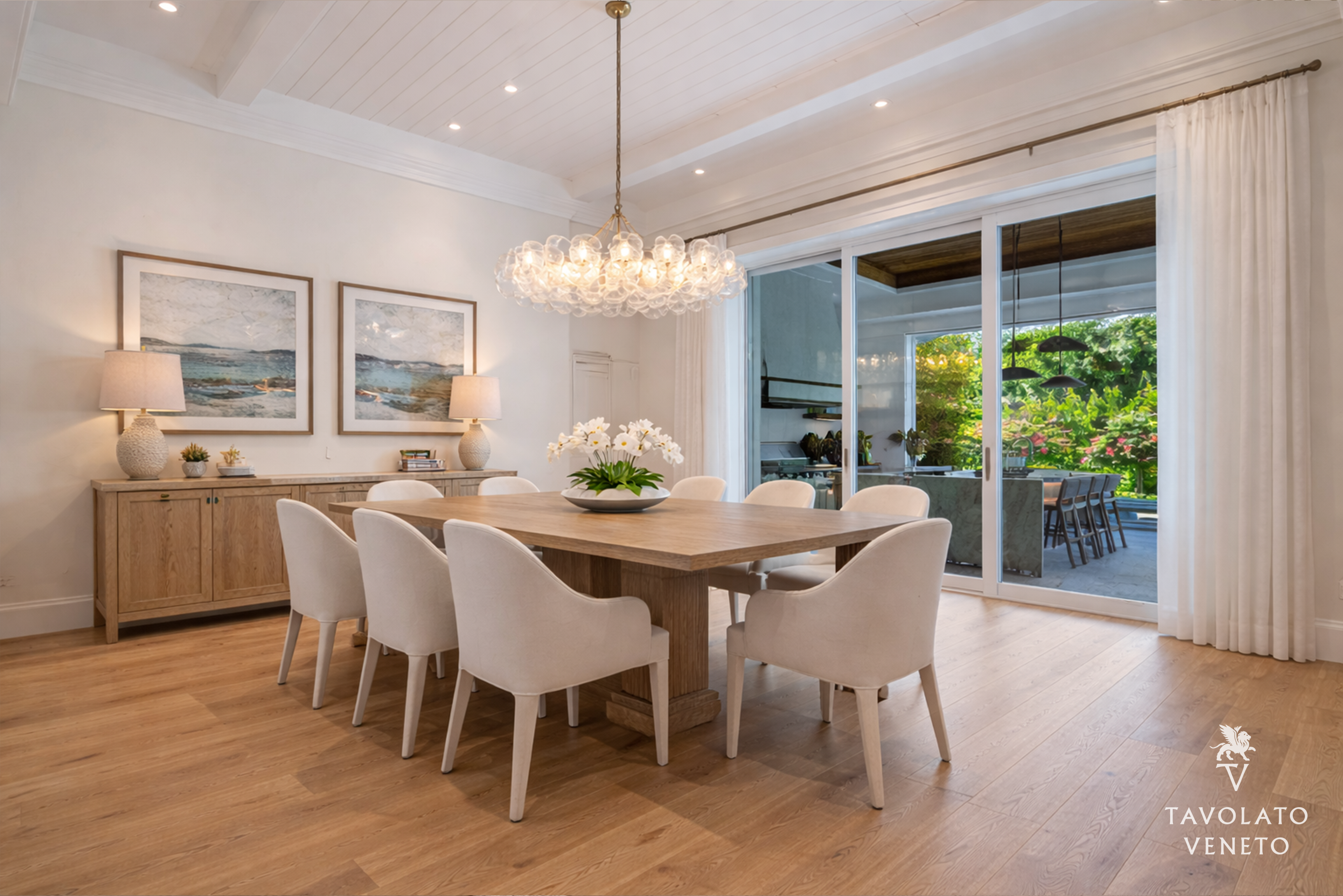 Dining interior with wood flooring